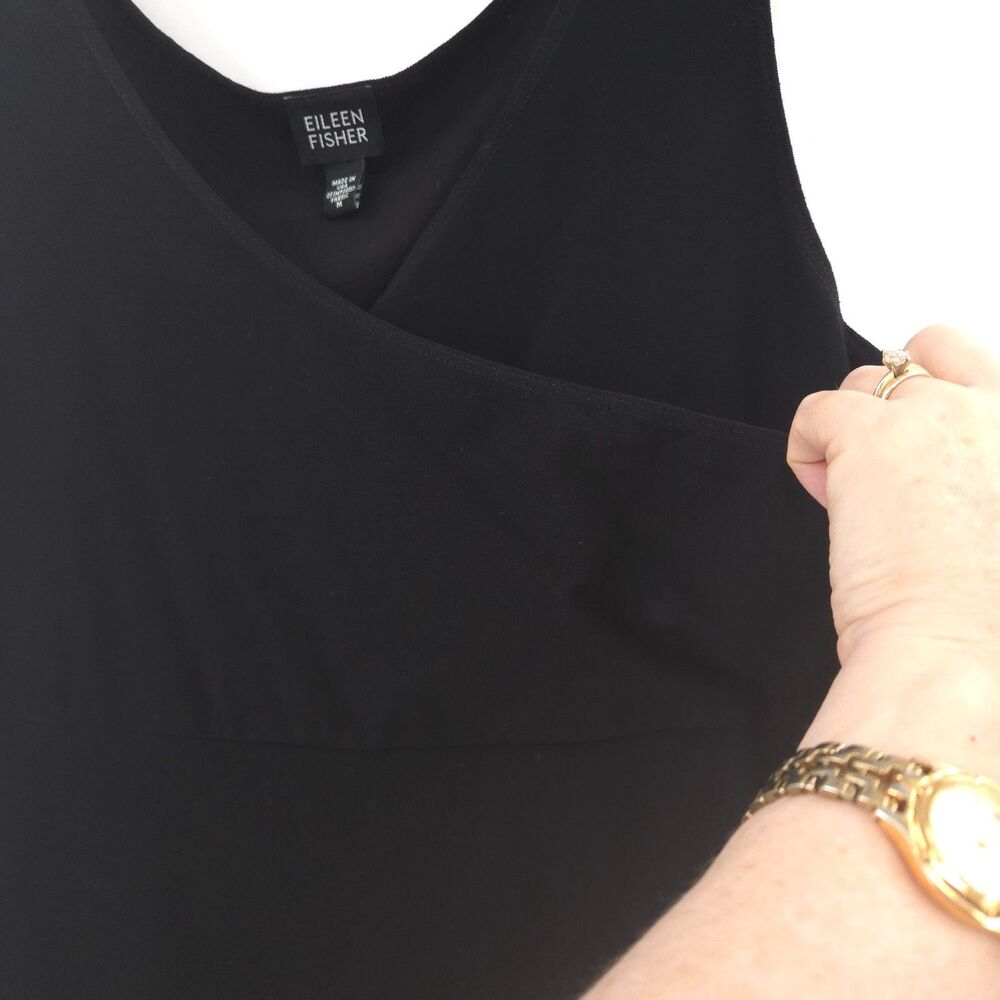 Eileen Fisher Black Crepe midi Dress Size M empire faux wrap sleeveless stretch - Picture 3 of 8